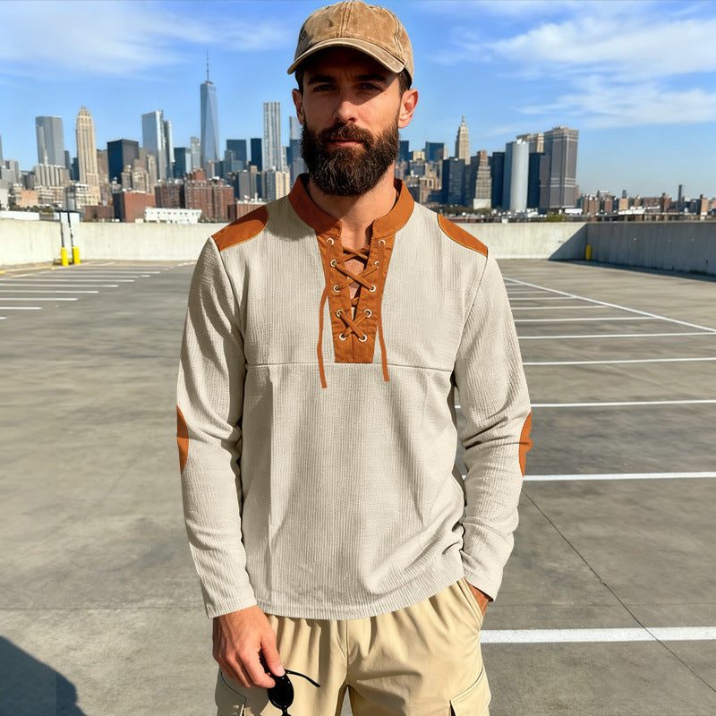 Mens Casual Drawstring-Neck Long-Sleeve T-Shirt