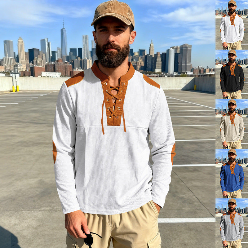 Mens Casual Drawstring-Neck Long-Sleeve T-Shirt